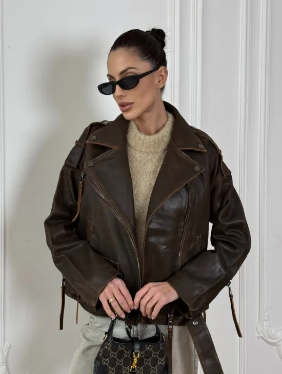 Vintage Brown кожаная куртка - косуха оверсайз с затертыми швами
