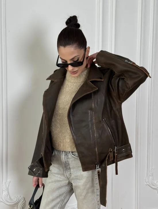 Vintage Brown кожаная куртка - косуха оверсайз с затертыми швами