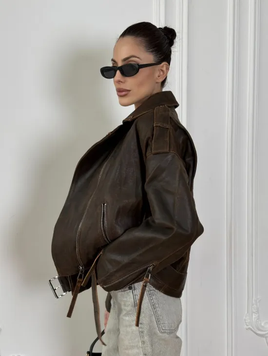 Vintage Brown кожаная куртка - косуха оверсайз с затертыми швами