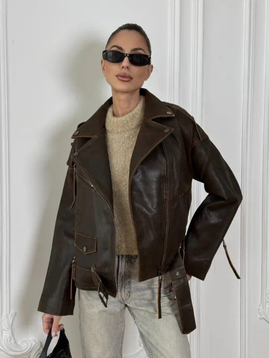 Vintage Brown кожаная куртка - косуха оверсайз с затертыми швами