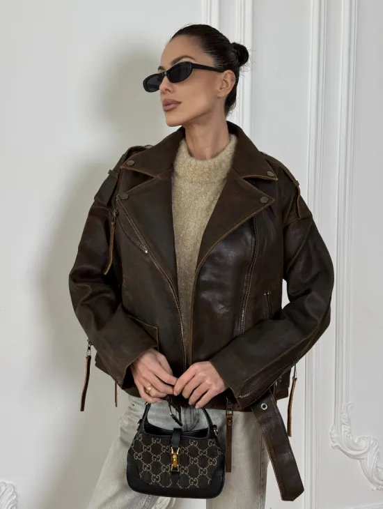 Vintage Brown кожаная куртка - косуха оверсайз с затертыми швами