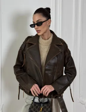 Vintage Brown кожаная куртка - косуха оверсайз с затертыми швами