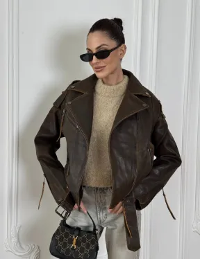 Vintage Brown кожаная куртка - косуха оверсайз с затертыми швами