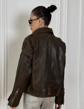 Vintage Brown кожаная куртка - косуха оверсайз с затертыми швами