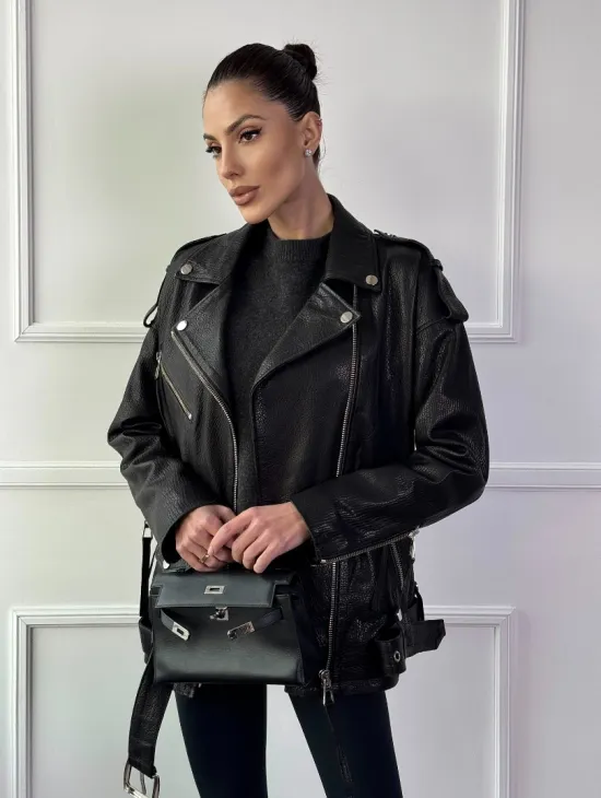 Классическая женская байкерская куртка - косуха из натуральной черной кожи Jumbo