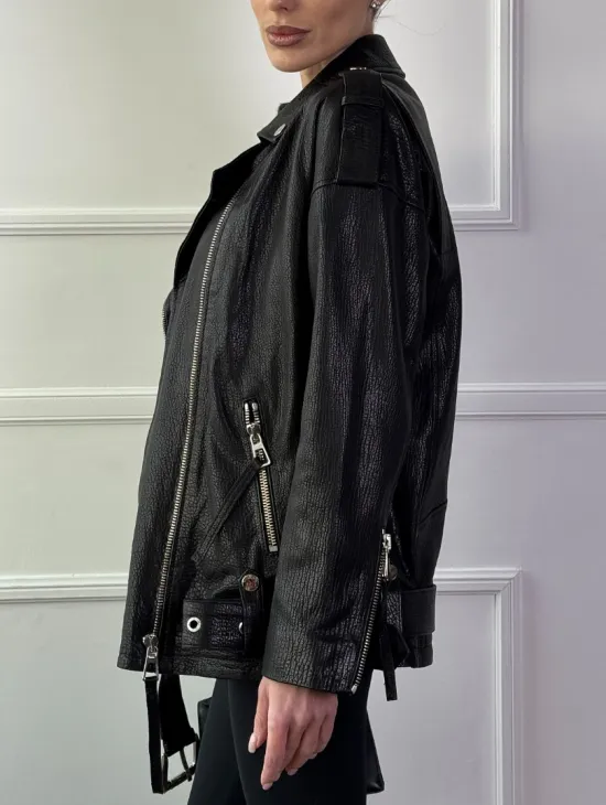 Классическая женская байкерская куртка - косуха из натуральной черной кожи Jumbo