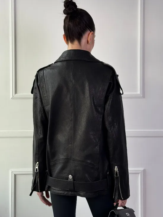 Классическая женская байкерская куртка - косуха из натуральной черной кожи Jumbo