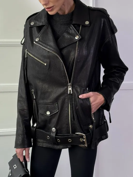Классическая женская байкерская куртка - косуха из натуральной черной кожи Jumbo