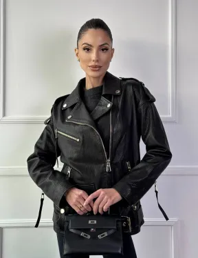 Классическая женская байкерская куртка - косуха из натуральной черной кожи Jumbo
