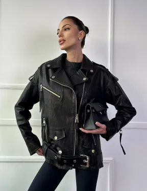 Классическая женская байкерская куртка - косуха из натуральной черной кожи Jumbo