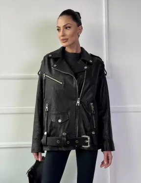 Классическая женская байкерская куртка - косуха из натуральной черной кожи Jumbo