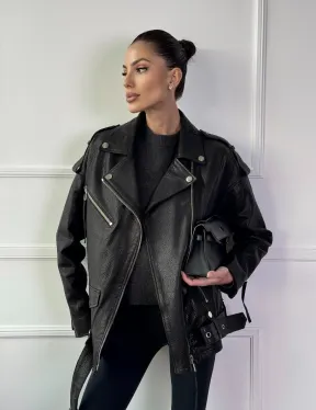 Классическая женская байкерская куртка - косуха из натуральной черной кожи Jumbo