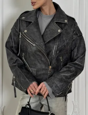 Косуха из натуральной серой кожи с эффектом винтажа и декоративными кнопками по краям воротника