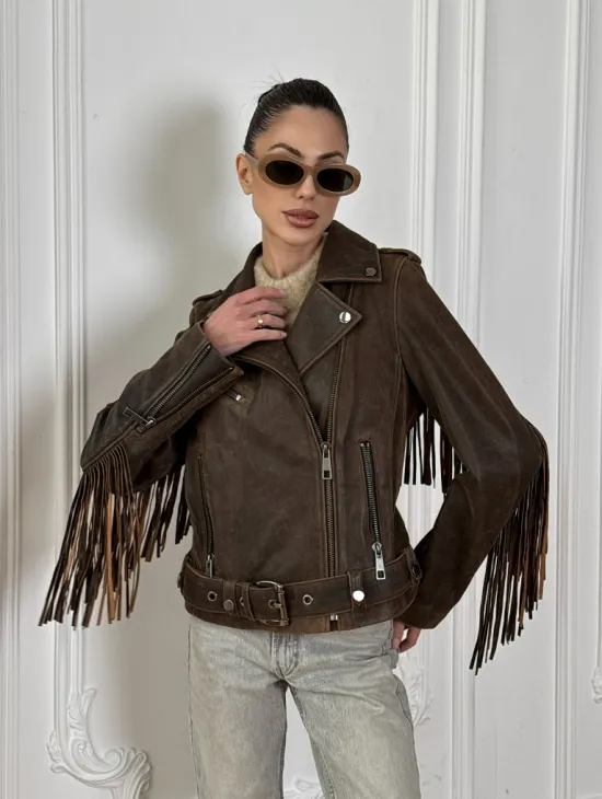 Коричневая кожаная куртка - косуха с бахромой. Мотоциклетная куртка, демисезон
