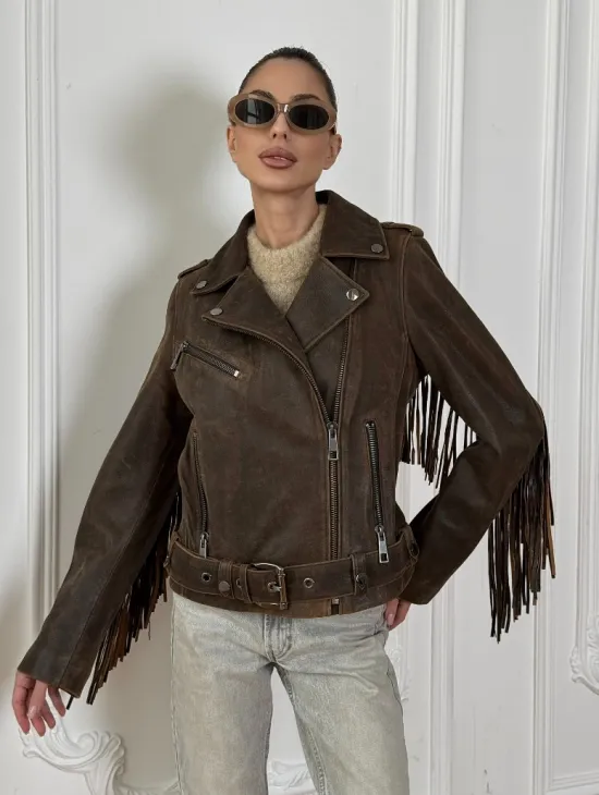 Коричневая кожаная куртка - косуха с бахромой. Мотоциклетная куртка, демисезон