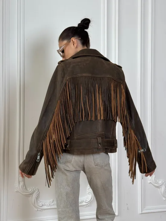 Коричневая кожаная куртка - косуха с бахромой. Мотоциклетная куртка, демисезон