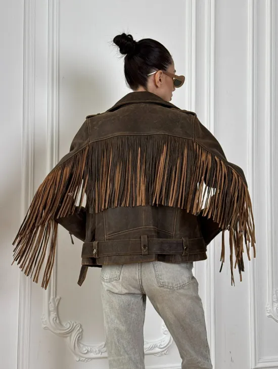Коричневая кожаная куртка - косуха с бахромой. Мотоциклетная куртка, демисезон