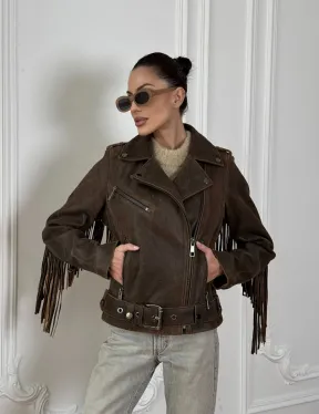 Коричневая кожаная куртка - косуха с бахромой. Мотоциклетная куртка, демисезон