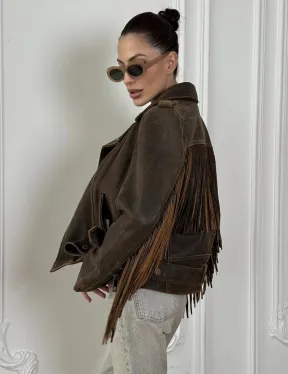 Коричневая кожаная куртка - косуха с бахромой. Мотоциклетная куртка, демисезон