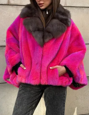 Полушубок - летучка из меха норки в цвете фуксия 