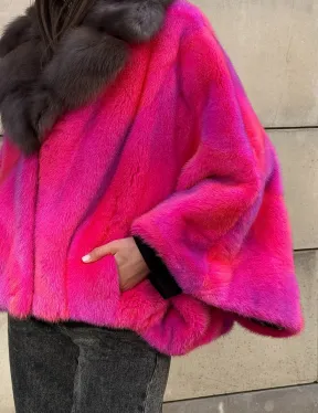 Полушубок - летучка из меха норки в цвете фуксия 