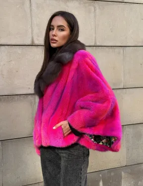 Полушубок - летучка из меха норки в цвете фуксия 