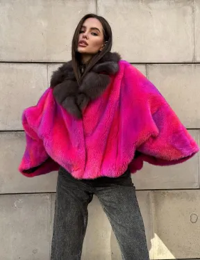 Полушубок - летучка из меха норки в цвете фуксия 