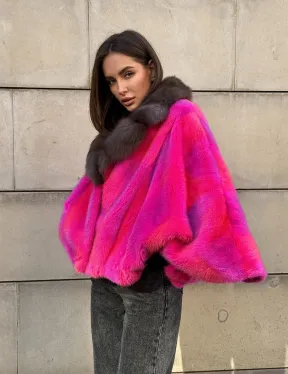 Полушубок - летучка из меха норки в цвете фуксия 