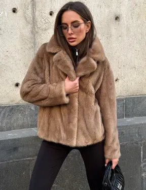 Короткий норковый жакет с английским воротником цвет пастель