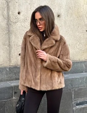 Короткий норковый жакет с английским воротником цвет пастель