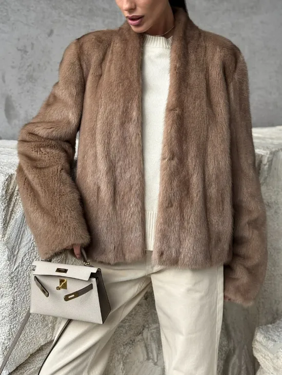 Кроп - жакет из норки Pastel с воротником V-образным 60 см