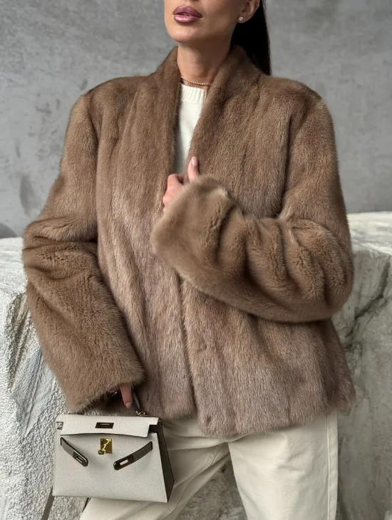 Кроп - жакет из норки Pastel с воротником V-образным 60 см