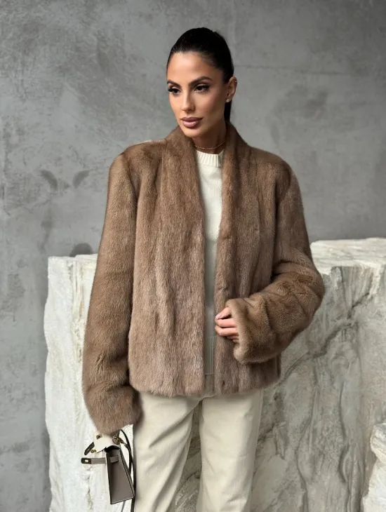 Кроп - жакет из норки Pastel с воротником V-образным 60 см