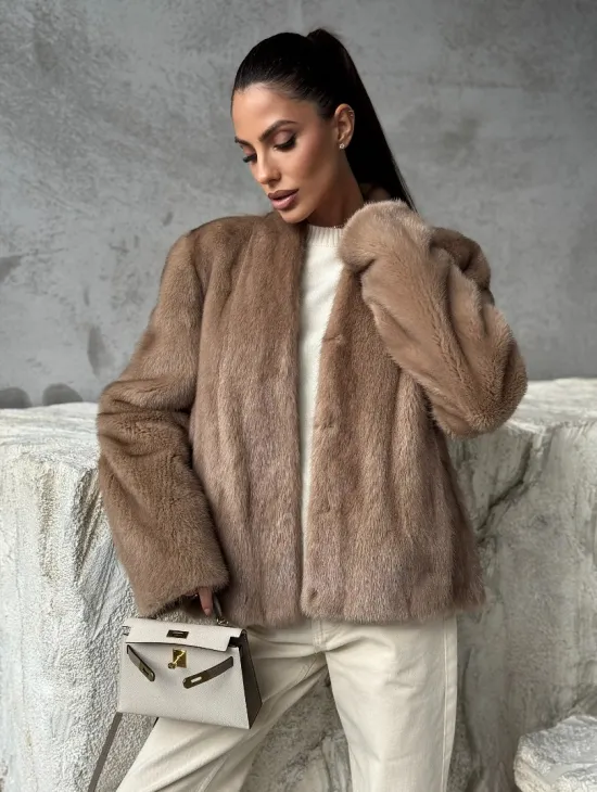 Кроп - жакет из норки Pastel с воротником V-образным 60 см