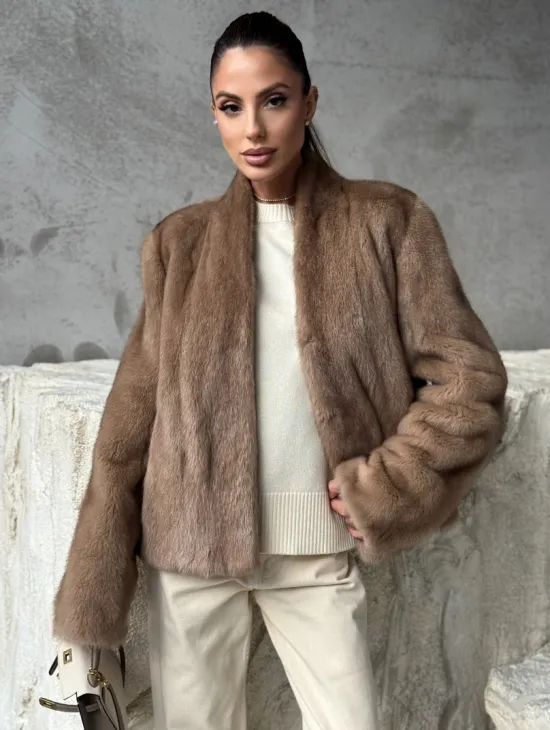 Кроп - жакет из норки Pastel с воротником V-образным 60 см