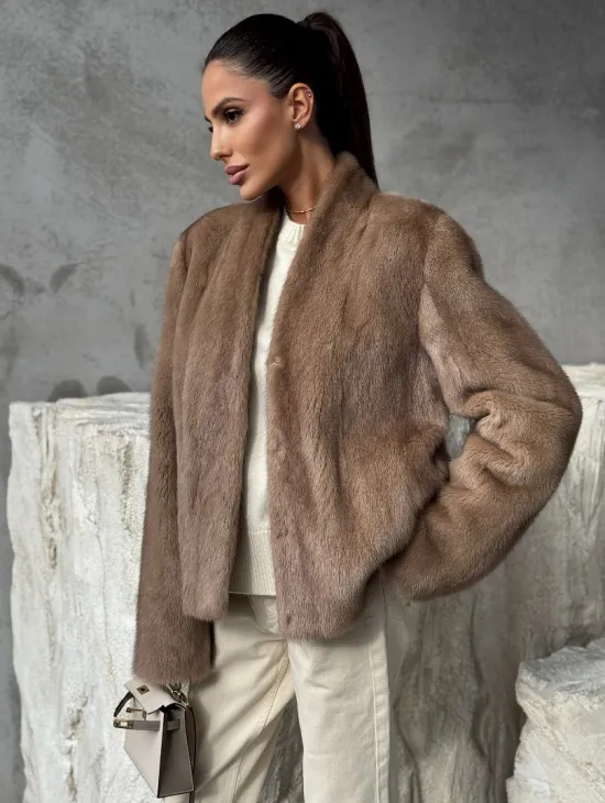 Кроп - жакет из норки Pastel с воротником V-образным 60 см