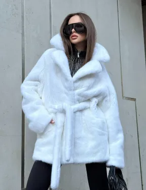 Белый норковый полушубок - кимоно с английским воротником