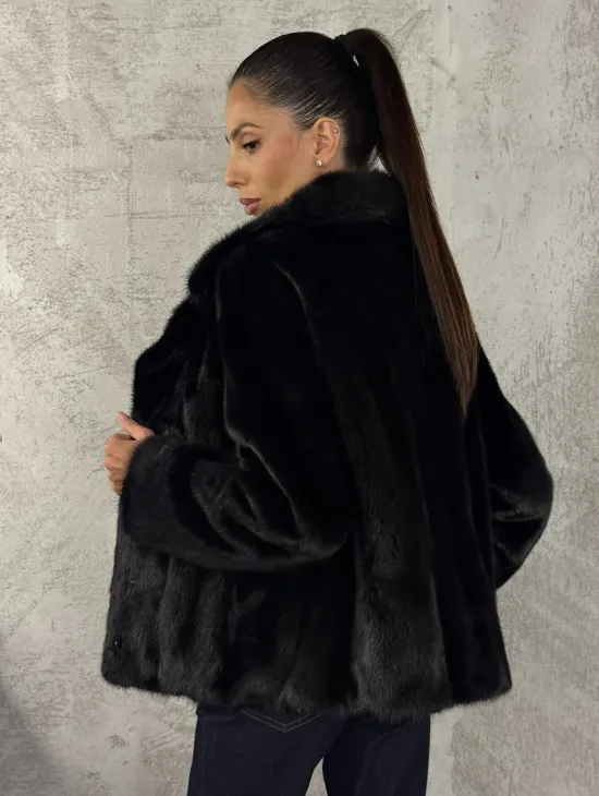 Черный норковый кроп - жакет с английским воротником