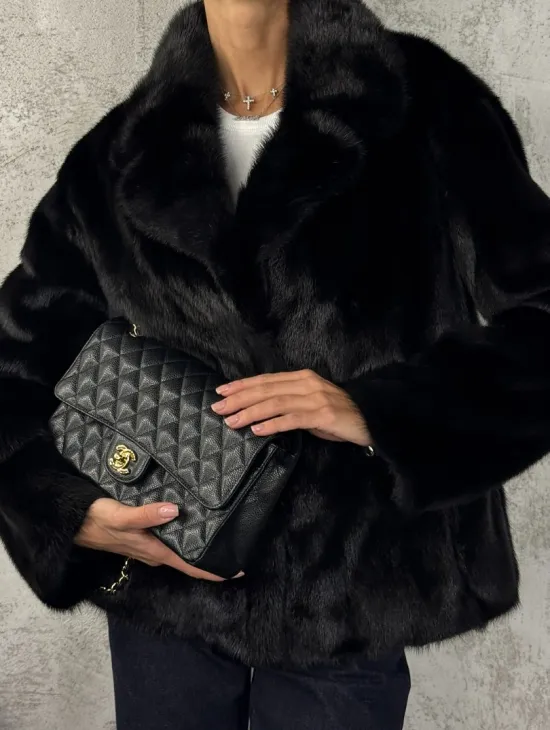 Черный норковый кроп - жакет с английским воротником