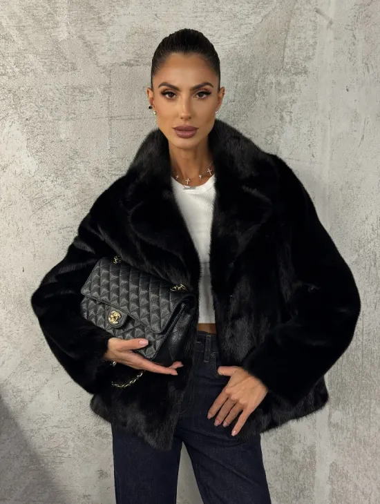 Черный норковый кроп - жакет с английским воротником