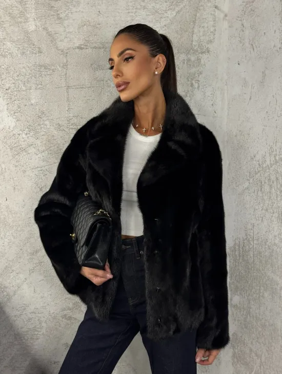 Черный норковый кроп - жакет с английским воротником