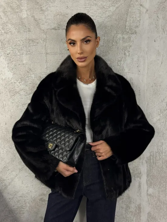 Черный норковый кроп - жакет с английским воротником