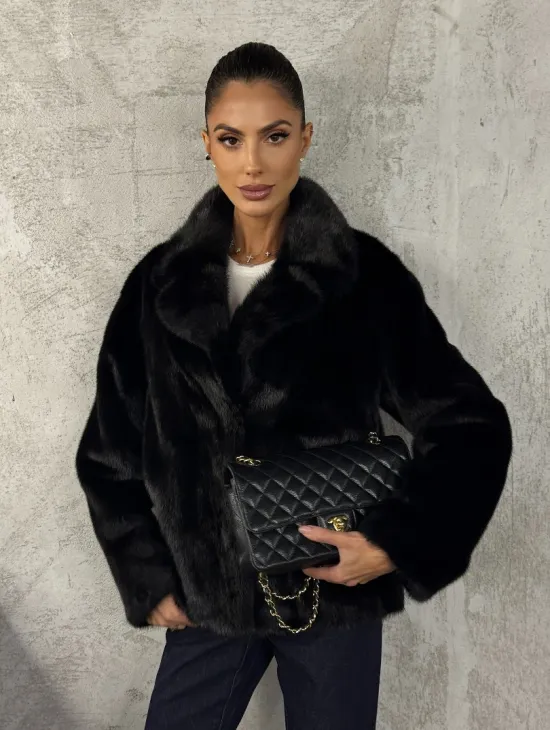 Черный норковый кроп - жакет с английским воротником