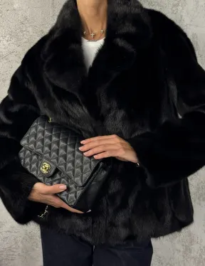 Черный норковый кроп - жакет с английским воротником