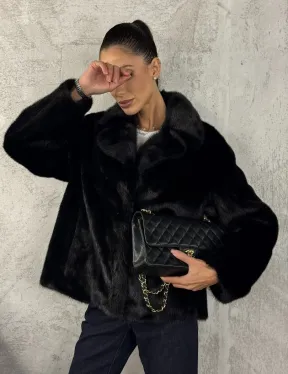 Черный норковый кроп - жакет с английским воротником