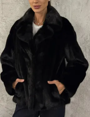 Черный норковый кроп - жакет с английским воротником
