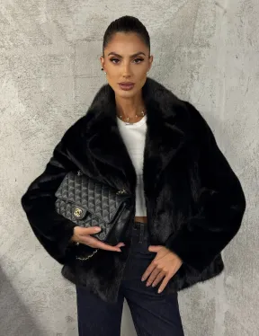 Черный норковый кроп - жакет с английским воротником