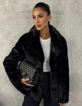 Черный норковый кроп - жакет с английским воротником