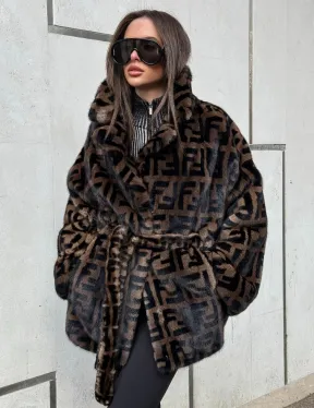 Шуба из плюшевой норки VELVET летучая мышь с черным принтом