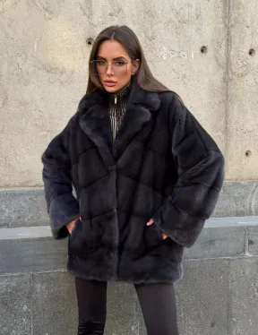 Полушубок норковый графит с английским воротником и манжетом